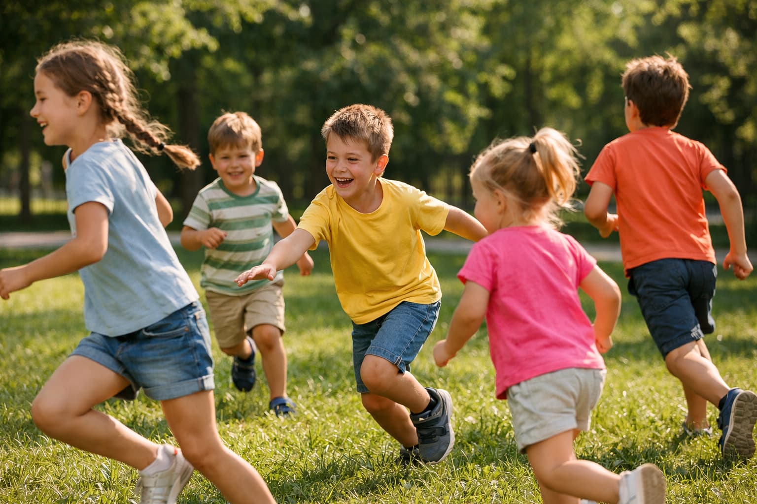 Дети играют в подвижную игру в парке